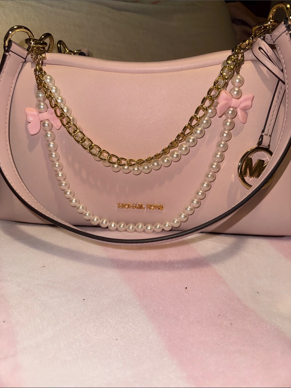 Michael Kors Light Pink Pearl-Accent Shoulder Bag with Gold Chain